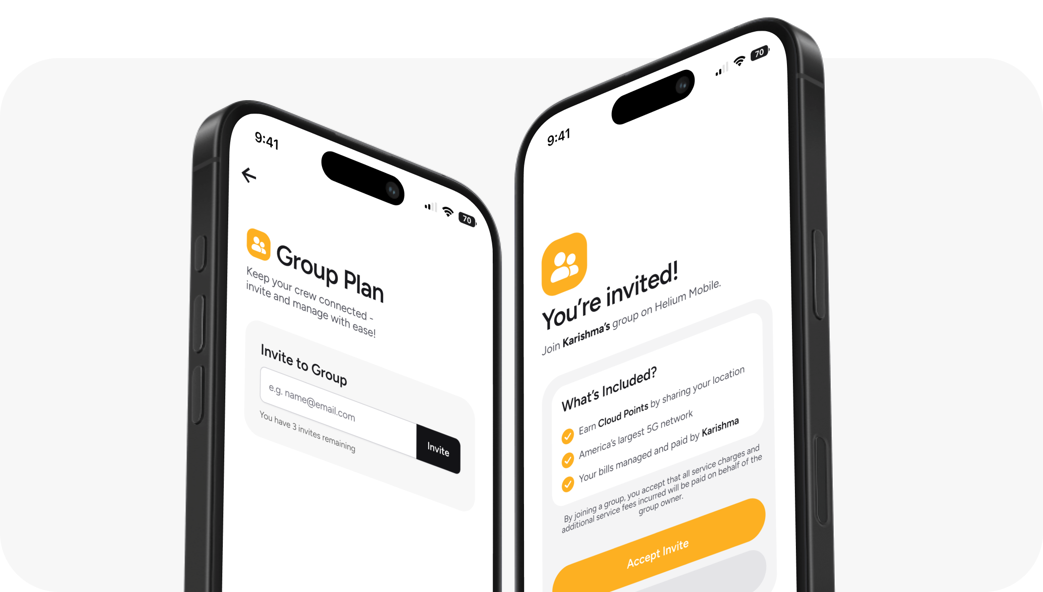 Group Plan. Keep your crew connected - invite and manage with ease! Invite to Group. You're invited! Join Karishma's group on Helium Mobile. What's Included? Earn Cloud Points by sharing your location. America's largest 5G network. Your bills managed and paid by Karishma.