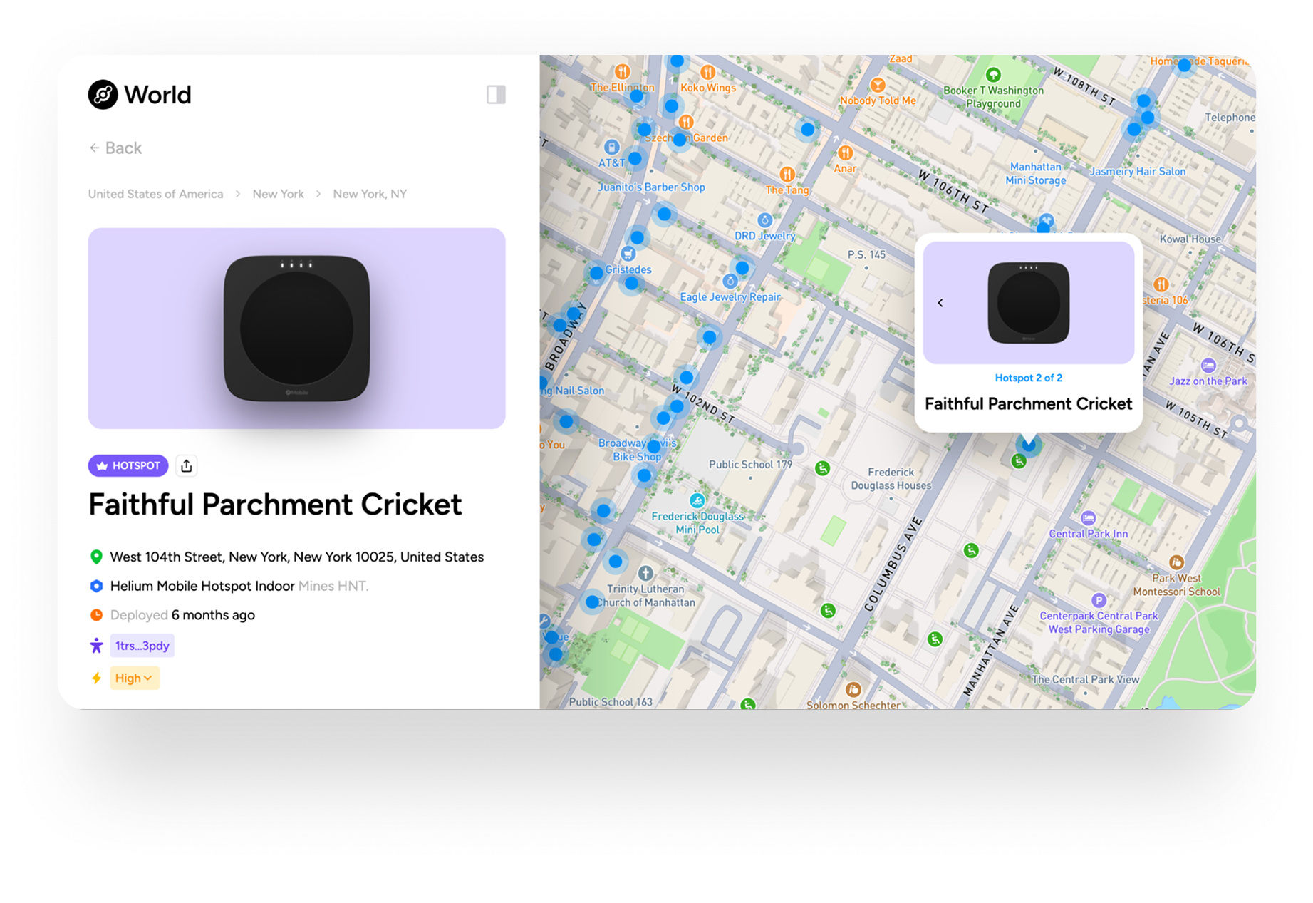 Map of Faithful Parchment Cricket Hotspot on the Upper West Side of Manhattan, New York.